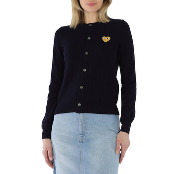 Comme Des Garcons Ladies Gold Heart Crewneck Cardigan In Navy