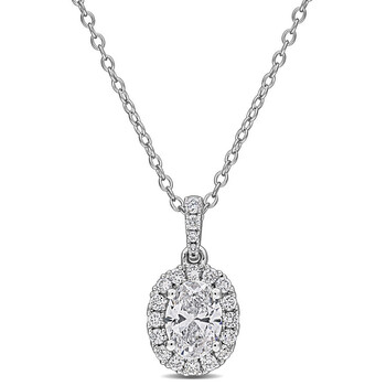 1CT TGW Oval and Round-Cut Lab Grown Diamond Halo Pendant with Chain in Sterling Silver - 17 in JMS011813 1CT TGW Oval and Round-Cut Lab Grown Diamond Halo Pendant with Chain in Sterling Silver - 17 in JMS011813