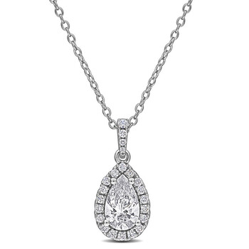 1CT TGW Pear-Shaped and Round-Cut Lab Grown Diamond Halo Pendant with Chain in Sterling Silver - 17 in JMS011814 1CT TGW Pear-Shaped and Round-Cut Lab Grown Diamond Halo Pendant with Chain in Sterling Silver - 17 in JMS011814