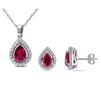4 7/8 CT TGW Created Ruby and Created White Sapphire Teardrop Halo Pendant with Chain and Stud Earrings 2-piece Set In Sterling Silver JMS703R 4 7/8 CT TGW Created Ruby and Created White Sapphire Teardrop Halo Pendant with Chain and Stud Earrings 2-piece Set In Sterling Silver JMS703R