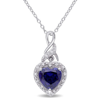 Diamond and Created Blue Sapphire Heart Twist Pendant with Chain In Sterling Silver JMSB5JR Diamond and Created Blue Sapphire Heart Twist Pendant with Chain In Sterling Silver JMSB5JR