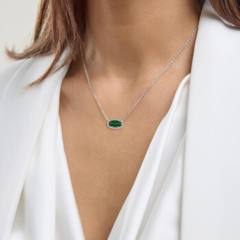 Emerald May Birthstone Halo Pendant Necklace in Sterling Silver, Oval Cut 6*12mm