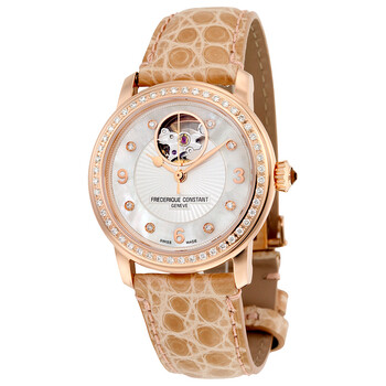 Heart Beat Mother of Pearl Diamond Dial Beige Leather Ladies Watch FC-310HBAD2PD4