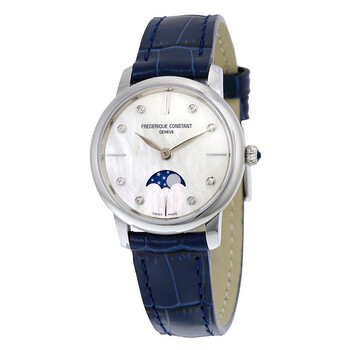 Slimline Moonphase Mother of Pearl Dial Diamond Blue Leather Ladies Watch FC-206MPWD1S6