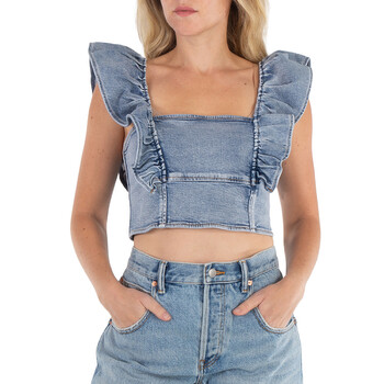Stretch Denim Cropped Ruffle Top