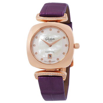 Glashutte Pavonina 18kt Rose Gold White Mother of Pearl Diamond Dial Ladies Watch 1-03-01-08-05-34