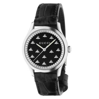 Gucci G-Timeless Black Dial Black Leather Ladies Watch YA126581