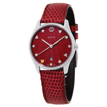 Gucci G-Timeless Cherry Red Mother of Pearl Dial Ladies Leather