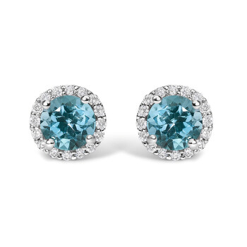 10K White Gold Blue Topaz and 1/6 Cttw Diamond Halo Stud Earring