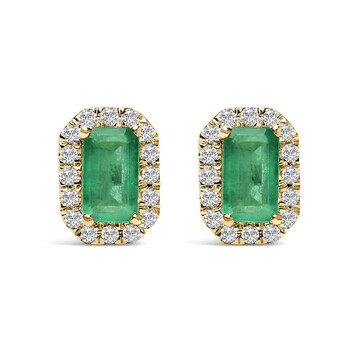 10K Yellow Gold 5x3mm Emerald-Cut Green Emerald and 1/7 Cttw Diamond Halo Octagonal Stud Earrings