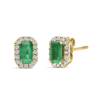 10K Yellow Gold 5x3mm Emerald-Cut Green Emerald and 1/7 Cttw Diamond Halo Octagonal Stud Earrings