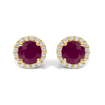10K Yellow Gold Red Ruby and 1/6 Cttw Diamond Halo Stud Earring