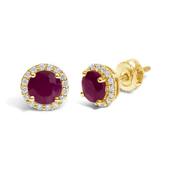 10K Yellow Gold Red Ruby and 1/6 Cttw Diamond Halo Stud Earring