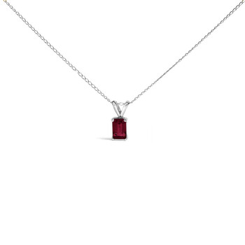 14K White Gold 6x4MM Emerald Cut Red Ruby Solitaire Pendant Necklace