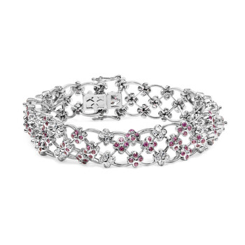 14K White Gold Pink Sapphire and Diamond Floral Lattice Link Bracelet - 7.25" Inches 14K White Gold Pink Sapphire and Diamond Floral Lattice Link Bracelet - 7.25" Inches