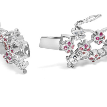 14K White Gold Pink Sapphire and Diamond Floral Lattice Link Bracelet - 7.25" Inches 14K White Gold Pink Sapphire and Diamond Floral Lattice Link Bracelet - 7.25" Inches