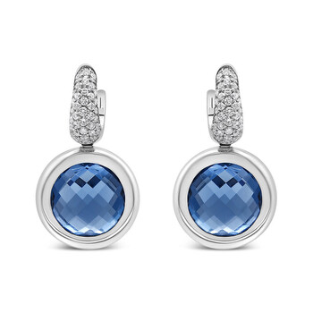 18K White Gold Bezel Set 11mm Blue Topaz and 1/2 Cttw Invisible Set Diamond Bale Dangle Earrings