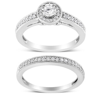 .925 Sterling Silver 1/2 Ctw Diamond Halo and Milgrain Engagement Ring Bridal Set 40-4161WDM