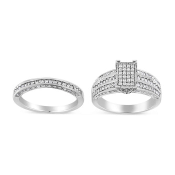.925 Sterling Silver 3/4 Cttw Prong Set Round Diamond Composite Engagement Ring and Band Set 40-3693WDM