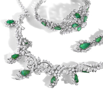 Certified Platinum 38.0 Cttw Diamond and 19 3/4 Cttw Brazilian Green Emerald Necklace, Bracelet & Earrings Three-Piece Set