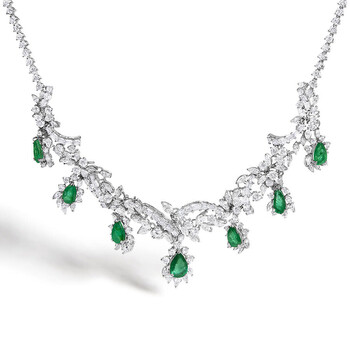 Certified Platinum 38.0 Cttw Diamond and 19 3/4 Cttw Brazilian Green Emerald Necklace, Bracelet & Earrings Three-Piece Set
