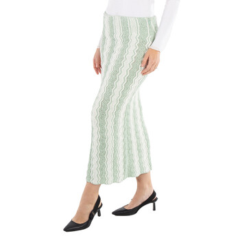 Ladies Acid Green Chenille-trimmed Striped Cotton-blend Midi Skirt