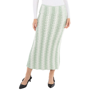 Ladies Acid Green Chenille-trimmed Striped Cotton-blend Midi Skirt