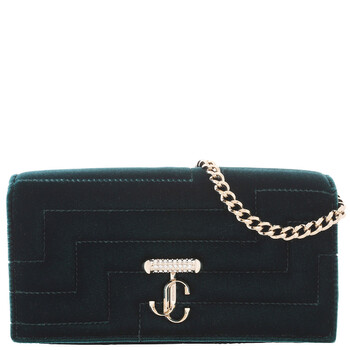 ★ JIMMY CHOO ★ JC Chain wallet【OMFA】 AVENUE WALLET/CHAIN | Black Leather Wallet with Pearl Strap
