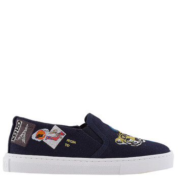 Boys Navy Tiger Logo Print Slip-On Sneakers
