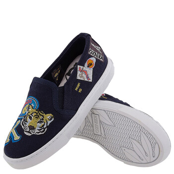 Boys Navy Tiger Logo Print Slip-On Sneakers