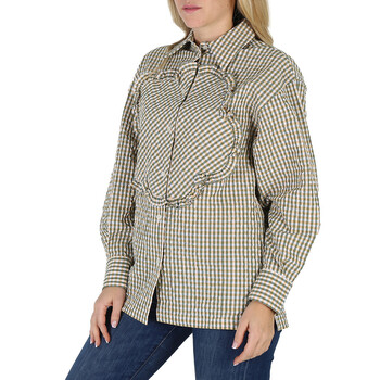 Ladies Gingham Print Boke Flower Long-Sleeve Cotton Shirt
