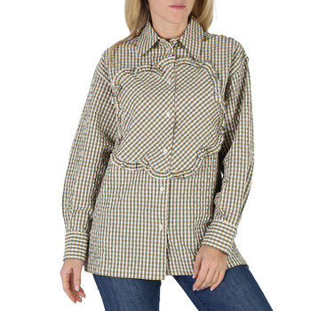 Ladies Gingham Print Boke Flower Long-Sleeve Cotton Shirt