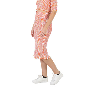 Ladies Medium Orange Check Ruched Midi Skirt