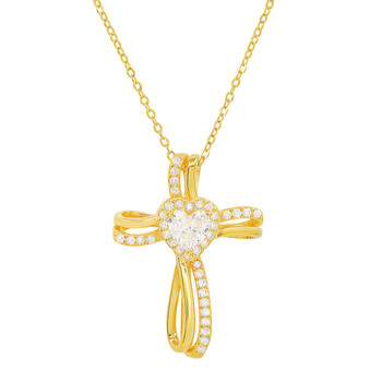 14k Gold Over Silver Heart Cubic Zirconia  CZ Cross Pendant