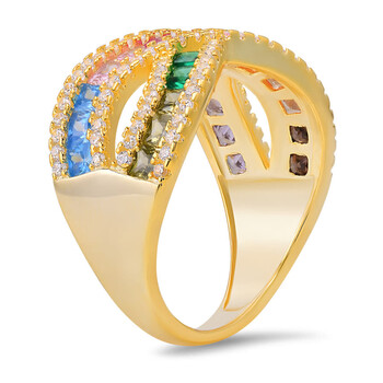 14K Gold Over Silver Princess-cut Multi-color Crossover Highway Ring 14K Gold Over Silver Princess-cut Multi-color Crossover Highway Ring