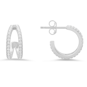 Sterling Silver 15mm Double Curve CZ Hoop Earrings