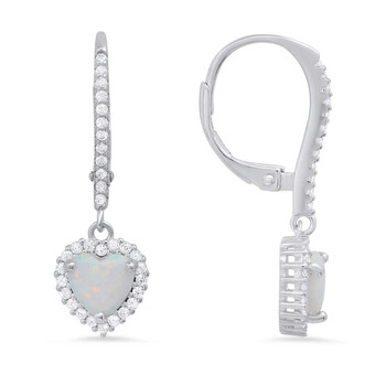 Sterling Silver Heart-cut Opal CZ Birthstone Halo Leverback Earrings
