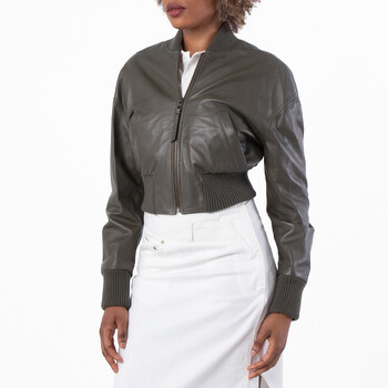 Womens Cropped Leather Bomber Jacket, Brand Size 36 ( US Size 4 )
