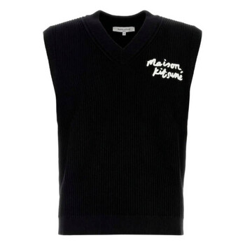Handwriting Embroidery Ribbed Knit Vest OM00810KT1126-BLACK