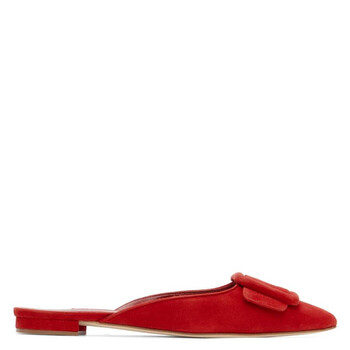 Manolo Flats Mules Diamond Buckle Navy Blue Silk Satin 327482