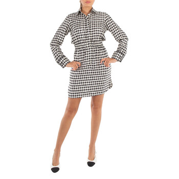 Ladies White Black Arca Silk Houndstooth Shirt Dress