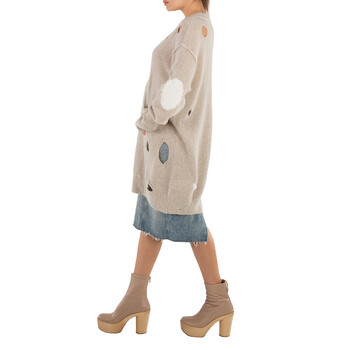 Ladies Beige Distressed-Effect Knitted Jumper