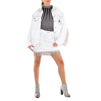 Open Box - Philipp Plein White Crystal Fringe Denim Skirt, Waist Size 26"