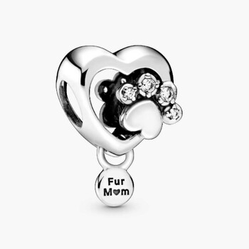 Paw Heart Sterling Silver Charm With Clear Cubic Zirconia