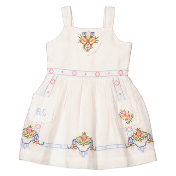 Girls White Floral Embroidered Linen Dress