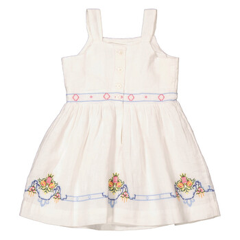 Girls White Floral Embroidered Linen Dress
