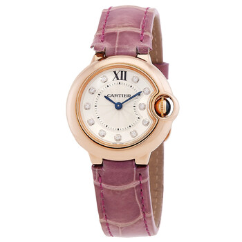 Pre-owned Cartier Ballon Bleu Silver Diamond Dial 18kt Rose Gold Purple Leather Ladies Watch WE902050