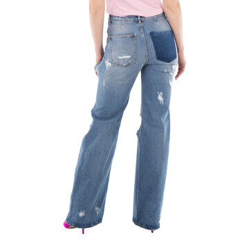 Ladies Blue Ripped-Detailing Cotton Wide-Leg Jeans