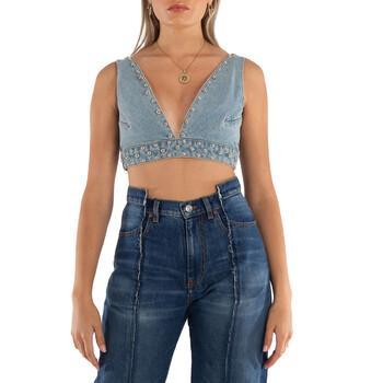 Tシャツ・カットソー GANNI DENIM RUFFLE TOP Ganni Stretch Denim Cropped Ruffle Top, Brand Size 38 (US
