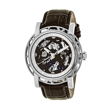 Stavros Black Skeleton Dial Brown Leather Men's Watch RN3701